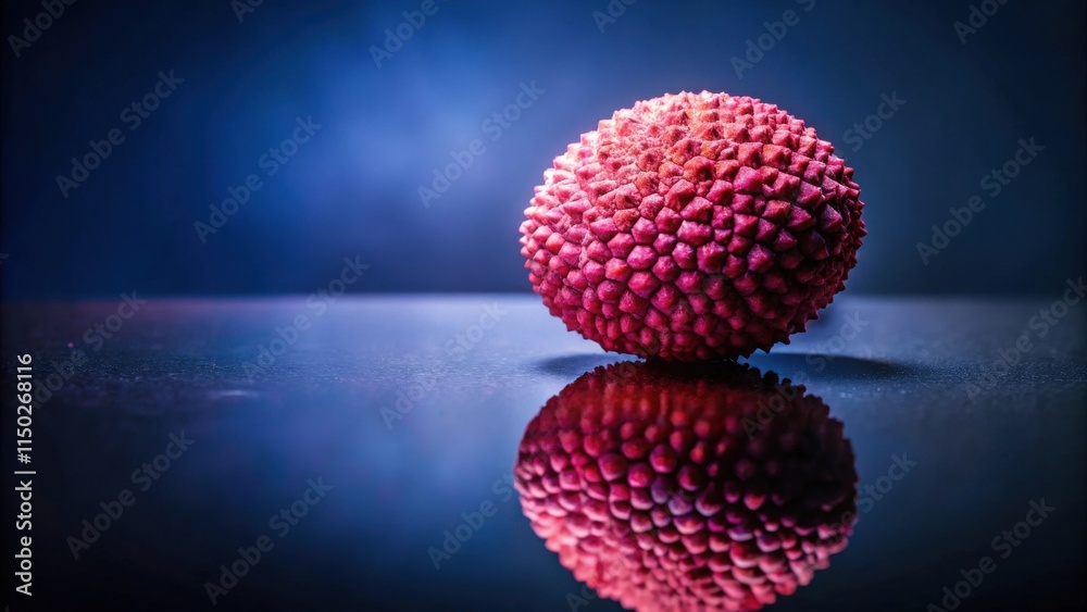 A single lychee rests on a dark reflective surface, illuminated by a dramatic light source A single lychee rests on a dark reflective surface, illuminated by a dramatic light source