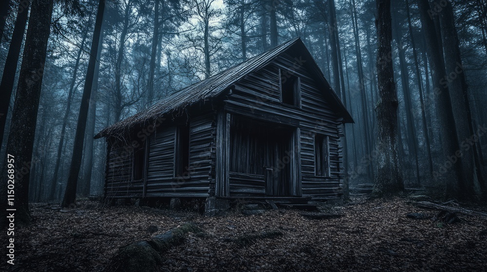 old wooden cabin at the edge of a dense, eerie forest known as the Black Woods. old wooden cabin at the edge of a dense, eerie forest known as the Black Woods.