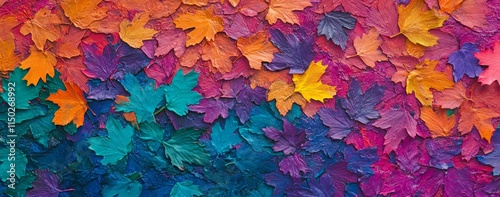 Colorful Autumn Leaves Arranged in a Vibrant Pattern Showcasing Shades of Orange, Purple, and Teal Against a Textured Background