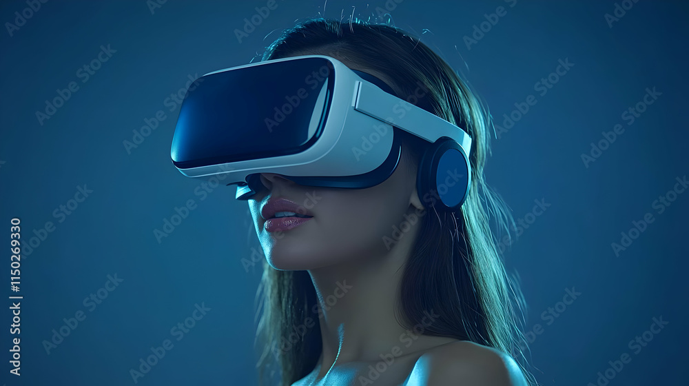 Plain background with woman using VR headset and copy space concept as An image of a professional woman wearing a VR headset against a plain background representing the use of virtual reality in moder Plain background with woman using VR headset and copy space concept as An image of a professional woman wearing a VR headset against a plain background representing the use of virtual reality in moder