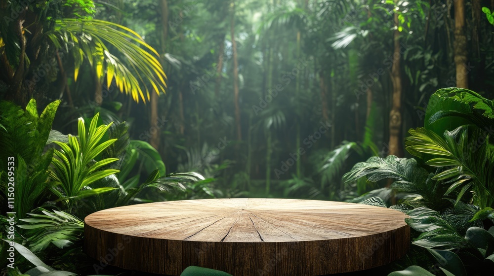 Wooden podium in tropical forest for product presentation