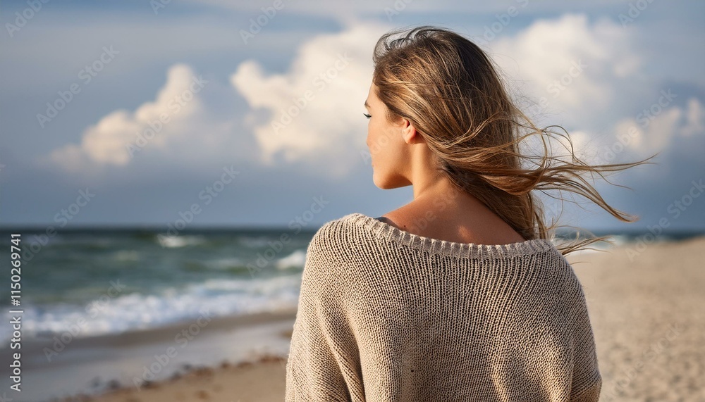 Generated image back view of a young woman on beach in pullover Generated image back view of a young woman on beach in pullover