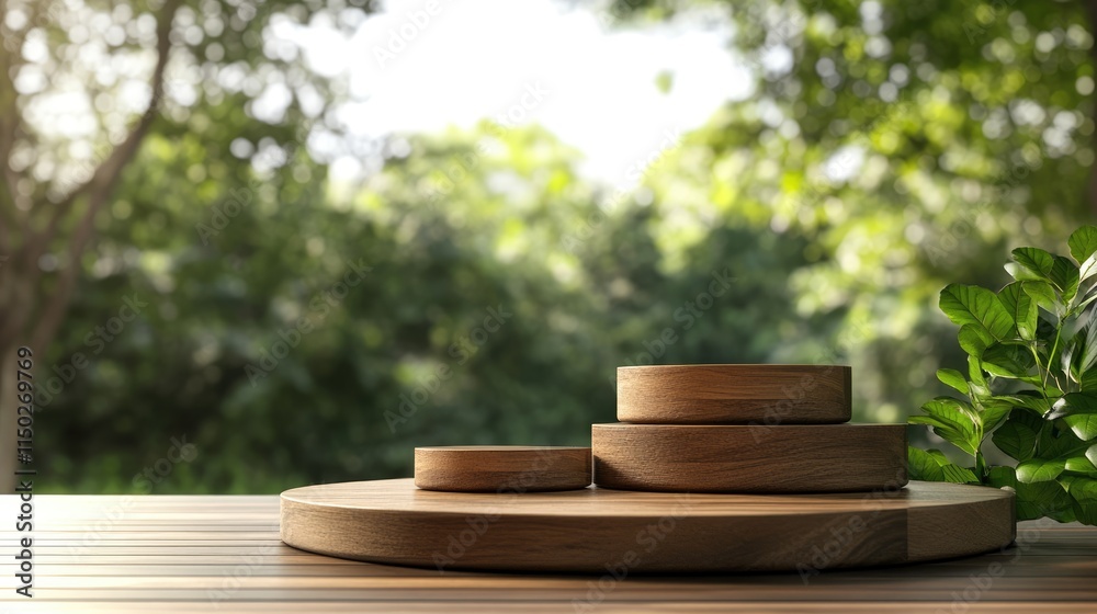 Wooden product displaywith green nature background Wooden product displaywith green nature background