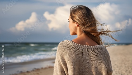 Wallpaper Mural Generated image back view of a young woman on beach in pullover Torontodigital.ca