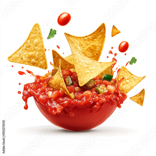Delicious tortilla chips in salsa splash, cut out on white background.