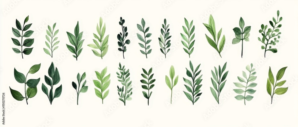 Naklejka premium Green plant and leafs pattern. Pencil, hand drawn natural illustration. Simple organic plants design. Botany vintage graphic art.