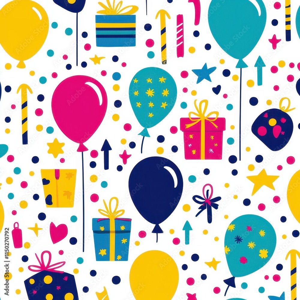 A seamless party-themed pattern with balloons, streamers, confetti, and gift boxes in bright, festive colors like pink, yellow, and turquoise, creating a lively celebration vibe. A seamless party-themed pattern with balloons, streamers, confetti, and gift boxes in bright, festive colors like pink, yellow, and turquoise, creating a lively celebration vibe.