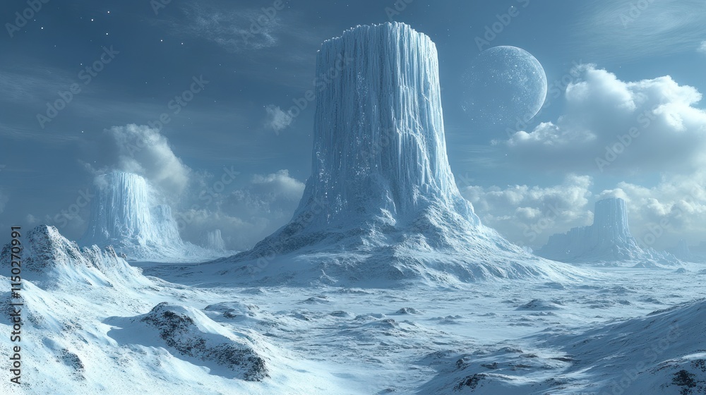 Fototapeta premium A serene icy landscape with towering formations under a celestial sky.