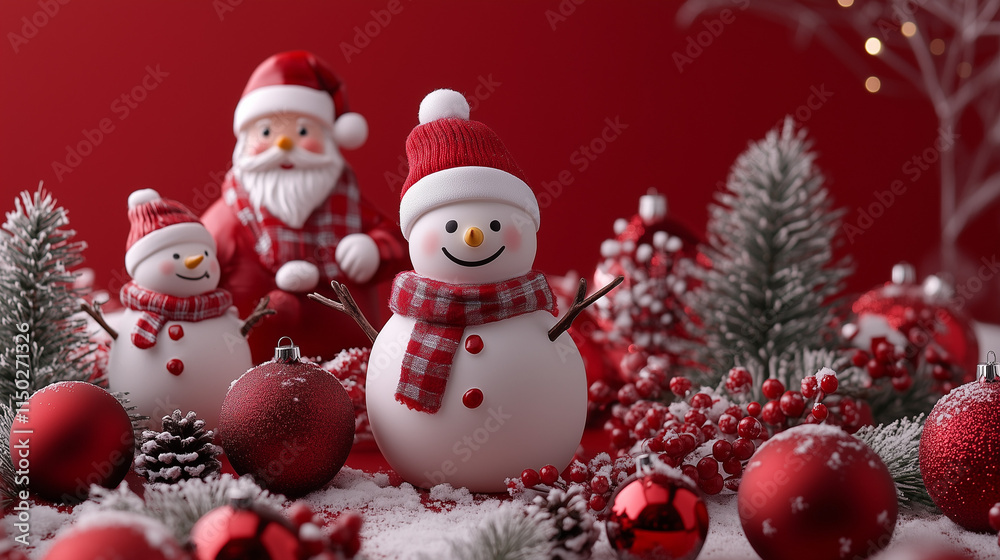 Festive Christmas Scene with Santa Snowman and Red Ornaments on Red Background with Snowflakes and Holiday Decorations Festive Christmas Scene with Santa Snowman and Red Ornaments on Red Background with Snowflakes and Holiday Decorations