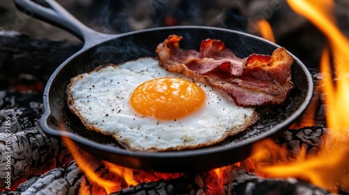 One sunny-side-up egg with a slice of crispy bacon cooks on a cast-iron skillet over an open campfire, blending hearty comfort food with outdoor charm. photo