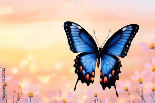 A dreamy watercolor depiction of a GMO-enhanced butterfly, with vibrant, glowing wings hovering over delicately painted flowers