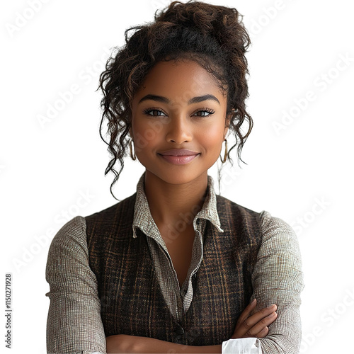 Front view of an extremely beautiful young African American woman dressed in a tailored vest and slacks isolated on a white transparent background
