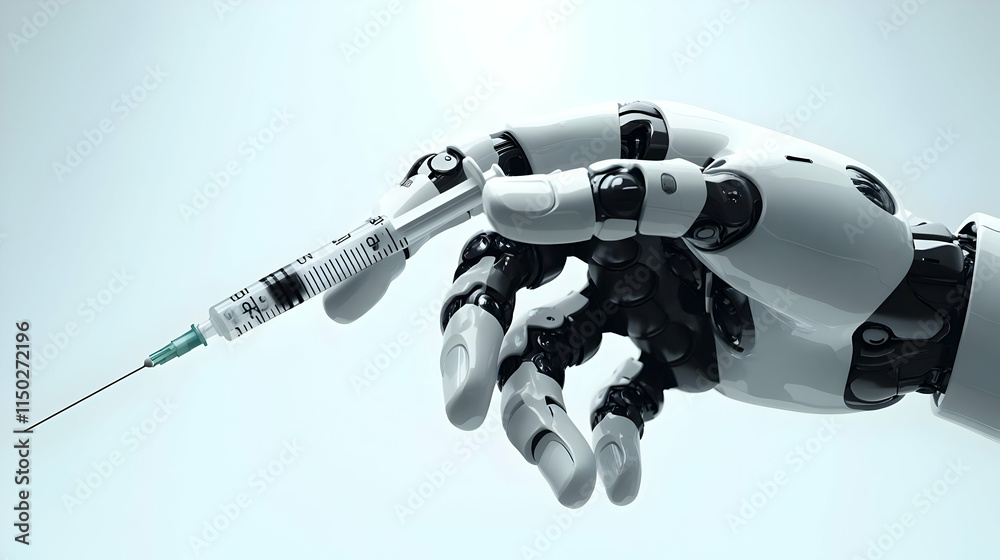 Robotic Hand Holding Medical Syringe on Plain Background with Copy Space for Healthcare Innovation Robotic Hand Holding Medical Syringe on Plain Background with Copy Space for Healthcare Innovation