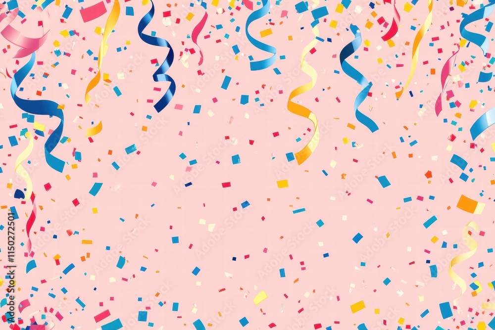 Colorful Confetti and Ribbons on Pink Background Colorful Confetti and Ribbons on Pink Background