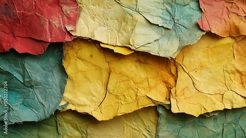 Torn, crumpled, and grainy paper textures in a vibrant mix of colors. The paper's surface shows visible creases and wrinkles, with hues of bright yellows, reds, and greenull of character. photo