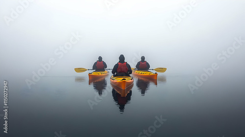 Silhouettes of Group Kayaking on Calm Waters with Plain Background for Exploration and Teamwork