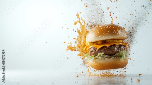 A burger with melted cheese and lettuce appears to have sauce exploding around it, creating a dramatic visual effect against a clean white background. photo