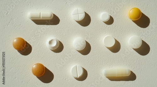 A collection of different depressant medication pills, like sedatives, on a light background.