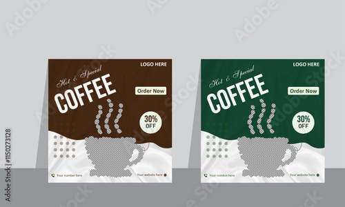 Collection of coffee shop social media post templates. Square banner design background. Set of minimal background templates with coffee beans and coffee mug for invitations, cards, banner, brochure