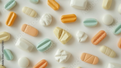 A collection of different depressant medication pills, like sedatives, on a light background.