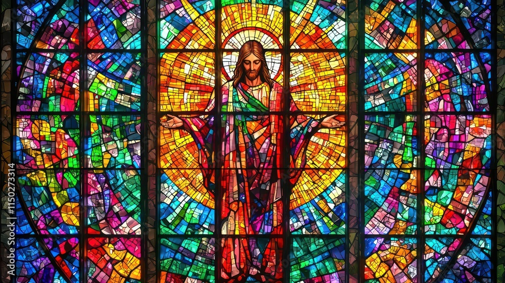 A colorful stained glass window featuring an image of Jesus Christ. Concept Religious Art, Stained Glass, Jesus Christ, Colorful Window, Spiritual Decoration A colorful stained glass window featuring an image of Jesus Christ. Concept Religious Art, Stained Glass, Jesus Christ, Colorful Window, Spiritual Decoration