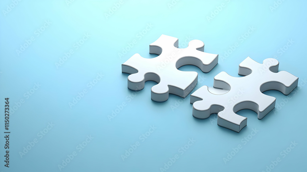 Obraz premium Plain blue background with connected puzzle pieces concept as Two puzzle pieces connected sit against a plain blue background. The simplicity of the scene suggests teamwork problem solving and persona