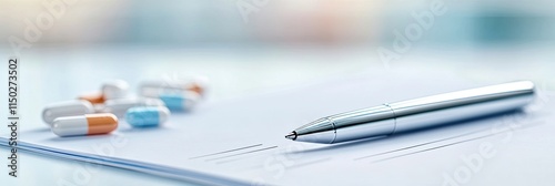 Sleek Pen Rests on Prescription Pad Highlighting Doctor's Signature Line in a Medical Setting photo