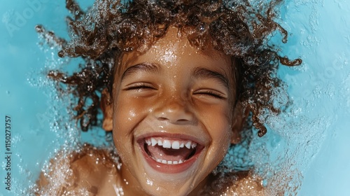 Energetic child submerged in clear blue water, beaming with happiness. Water droplets shimmer around the joy-filled face in an extraordinary aquatic adventure. photo