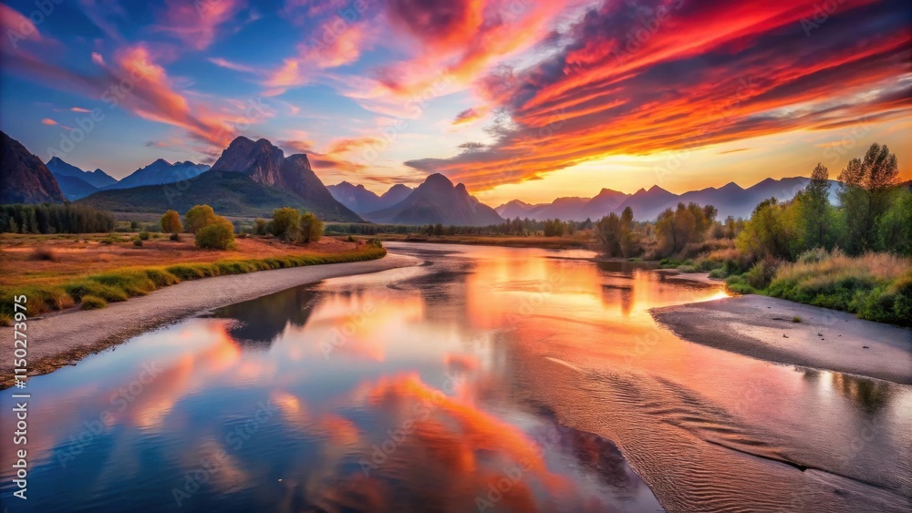 Obraz premium Serene River Reflecting Vibrant Sunset Hues Over Majestic Mountains