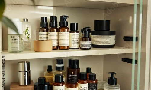 Organized minimalist bathroom shelves showcasing amber glass bottles and skincare products.