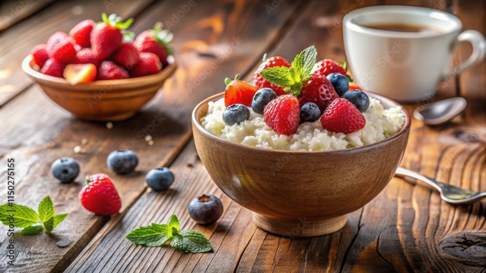 Creamy Rice Pudding with Fresh Berries and Mint in a Wooden Bowl Creamy Rice Pudding with Fresh Berries and Mint in a Wooden Bowl