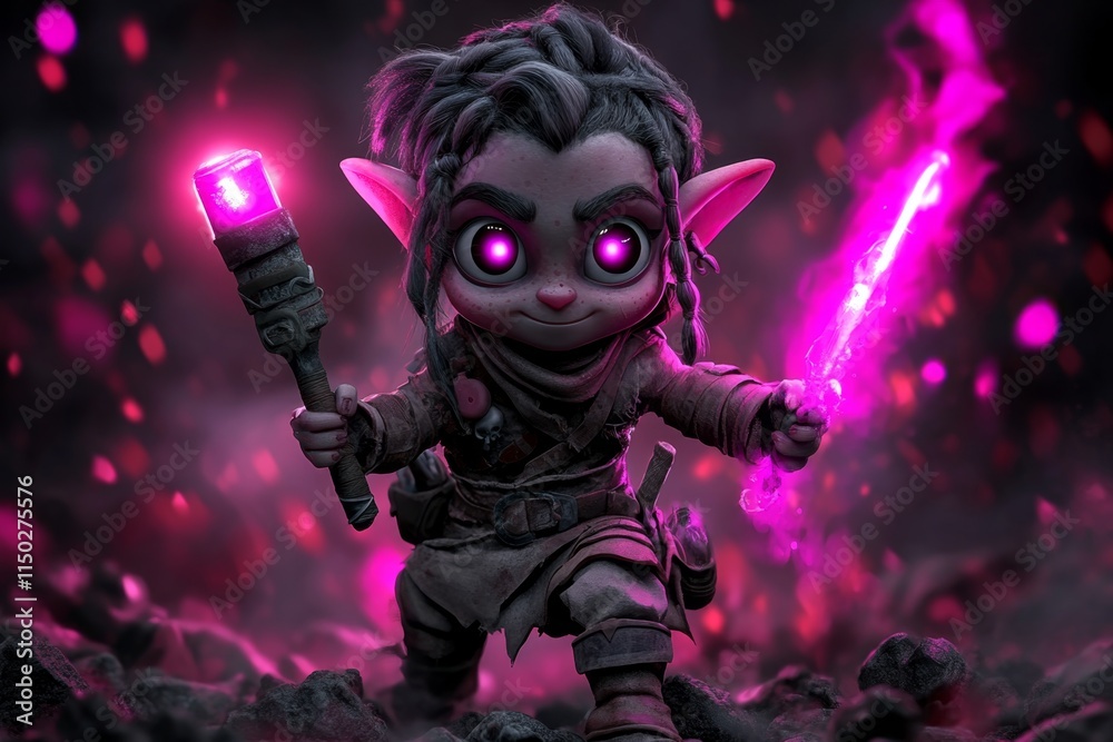 A futuristic elf and gnome exploring a glowing, neon-lit forest, armed with high-tech weapons and gadgets A futuristic elf and gnome exploring a glowing, neon-lit forest, armed with high-tech weapons and gadgets