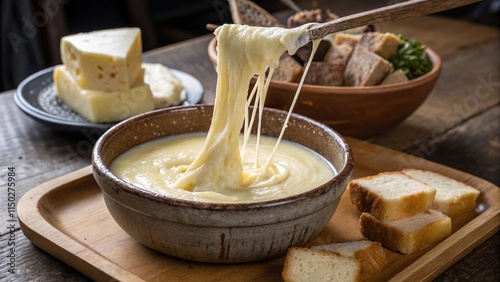 Creamy aligot served with crusty bread and cheese on a rustic wooden table