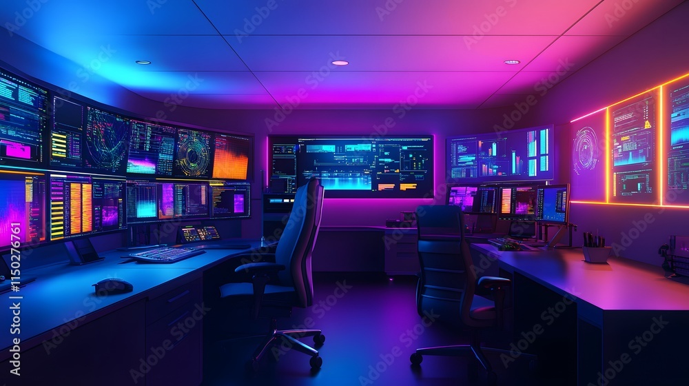 Command room glowing in vibrant colors, data streams tracking live processes. Command room glowing in vibrant colors, data streams tracking live processes.