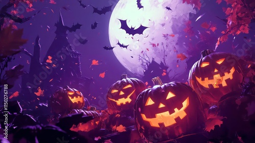 A group of carved jack-o'-lanterns are gathered together on a dark purple background under a full moon with bats and falling leaves. photo