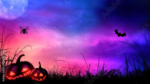 Halloween background with jack-o-lanterns, a spider, and a bat silhouetted against a purple and blue sky with a full moon. photo