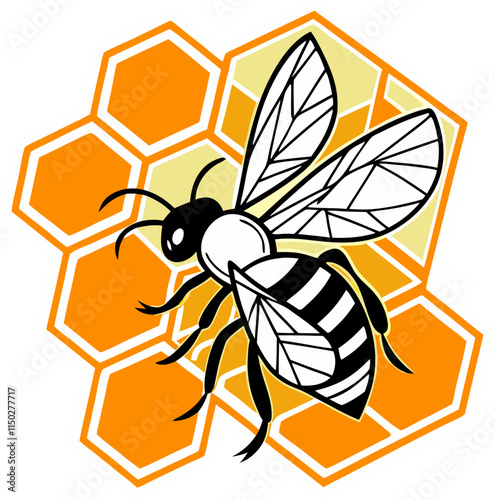 Honey Bee Vector Illustration: Black & White Honeycomb Design for Branding.