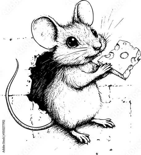 Mouse eating cheese through a hole.