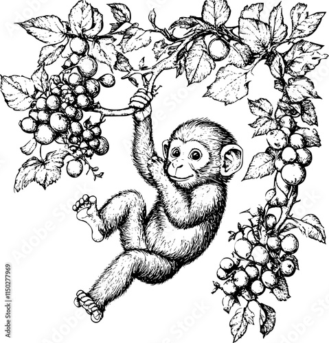 Monkey clinging to grapevine branch, monochrome sketch.
