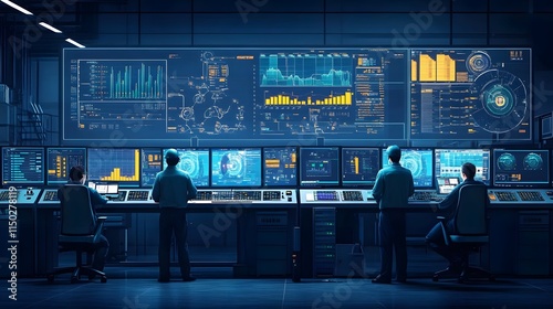 Dark factory control center with engineers watching data visuals on multiple screens.