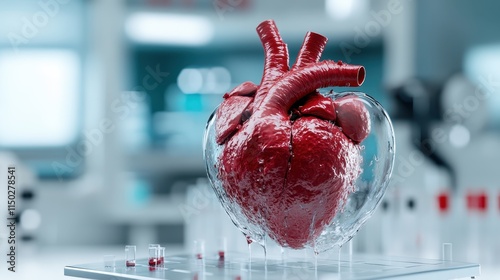 An artificial heart is securely encased in a transparent glass container, highlighting its structural design and maintenance in a sterile laboratory environment. photo