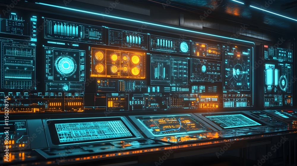 Naklejka premium Futuristic refinery control panel filled with data visuals, glowing process streams.