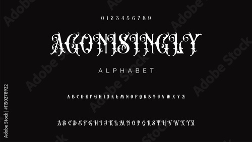 Craft vintage typeface design. Graphic display alphabet. Fantasy type letters. Latin characters, numbers. Vector illustration. Old badge, label, logo template.