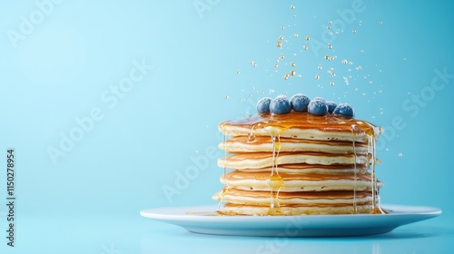 A tall, inviting stack of pancakes elegantly topped with syrup and blueberries. The imagery reflects a delightful breakfast setup with a vibrant blue backdrop. photo