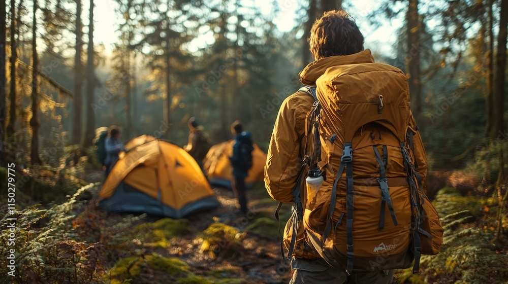Hiking Adventure in a Serene Forest Camp Setting Hiking Adventure in a Serene Forest Camp Setting