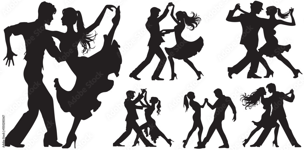 Set of silhouettes of doubles Spanish, Latin American and ballroom dancers. Dancing couple of people. Dancing men and women