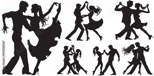 Set of silhouettes of doubles Spanish, Latin American and ballroom dancers. Dancing couple of people. Dancing men and women