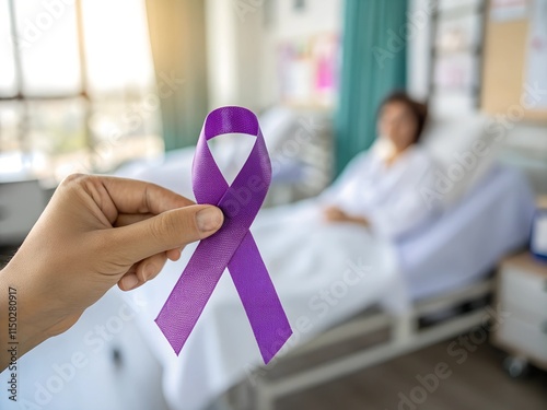 Close-up of a hand holding a purple cancer awareness ribbon in front of a blurred hospital background with a patient lying in a bed. Symbolizes cancer awareness, hope, and support. photo