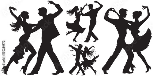 Set of different Dancing Couples, Dancers Tango, Salsa, Bachata, Flamenco, Latina Dance. Young men and women in dance poses. silhouette Vector