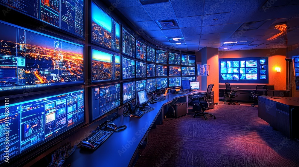 High-Tech Control Room with Multiple Screens Displaying Data High-Tech Control Room with Multiple Screens Displaying Data